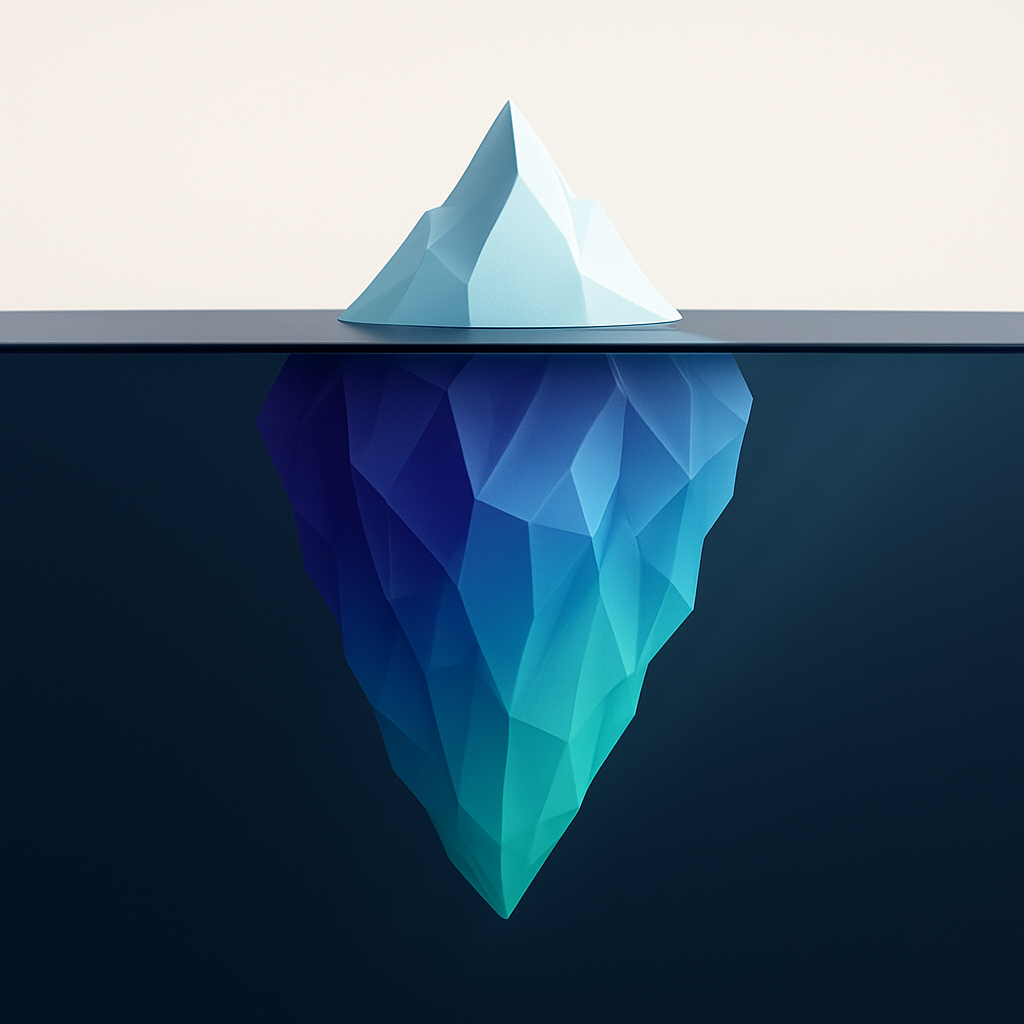 An iceberg: a small visible tip above the waterline and a massive glowing mass below