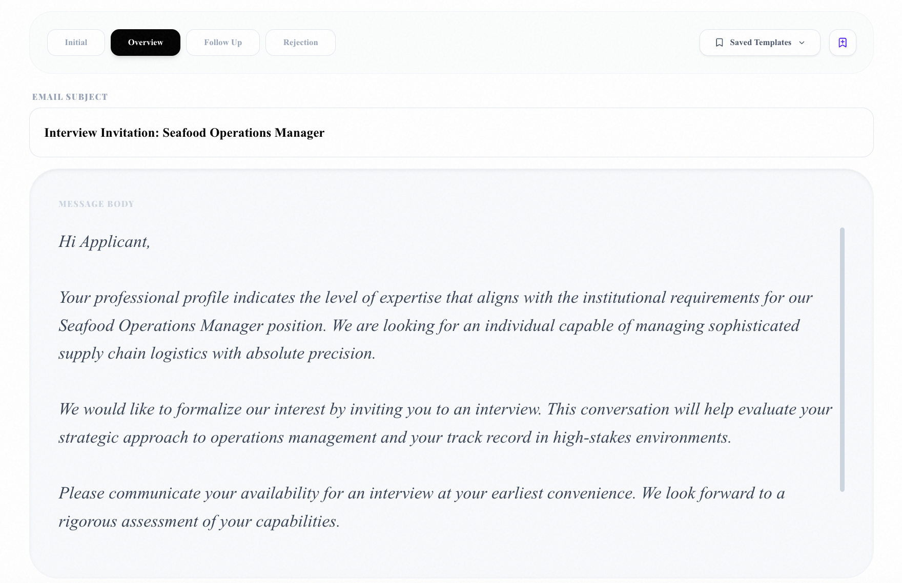 Email outreach interface showing interview invitation template